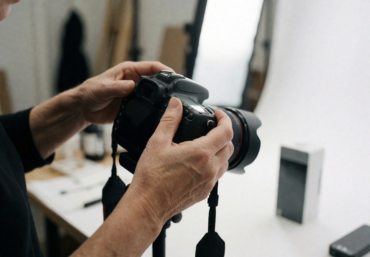 Une main ajuste une caméra reflex avec un objectif large sur fond blanc dans un studio équipé d'éclairage professionnel.