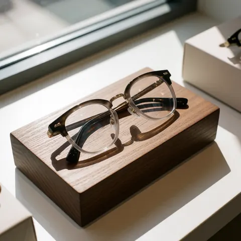 Des lunettes de design moderne reposent sur un support en bois à l'intérieur d'une vitrine de magasin d'optique.