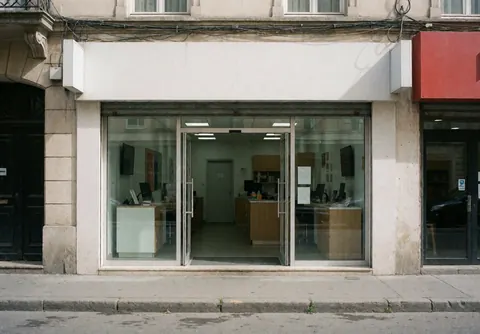 Façade moderne de boutique en ligne avec portes vitrées ouvertes, révélant un intérieur avec tables et ordinateurs, situé dans une rue calme.