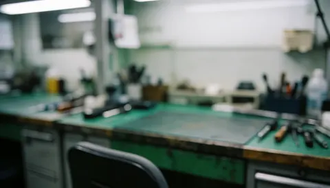 Vue d'un bureau de travail vert équipé d'outils et d'équipements de réparation dans un atelier technique dédié à l'électronique.
