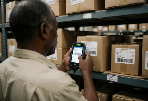 Un employé d'entrepôt utilise un dispositif pour scanner un colis, mettant l'accent sur l'action de lecture du code-barres.