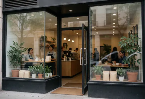Vue extérieure d'une cafétéria avec grandes fenêtres, plantes vertes, tables et personnes assises. Porte ouverte, ambiance chaleureuse et naturelle.