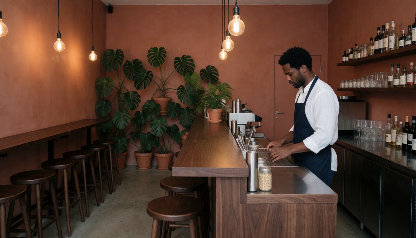 Intérieur d'un bar moderne avec un long comptoir en bois, des plantes en pot, des chaises et un serveur préparant des boissons.