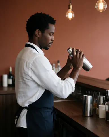Un bartender en chemise blanche et tablier sombre prépare un cocktail avec un shaker derrière un comptoir en bois foncé, sur fond de murs terracotta et ampoules Edison.