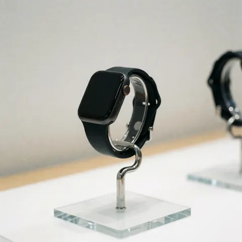 Montre intelligente posée sur un support transparent en verre, sur un comptoir propre avec un fond neutre, idéal pour la présentation de produits technologiques.
