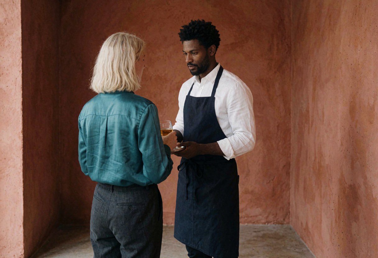 Un serveur masculin présente une boisson à une cliente dans un bar aux murs terracotta, illustrant un service professionnel et un moment d'échange.