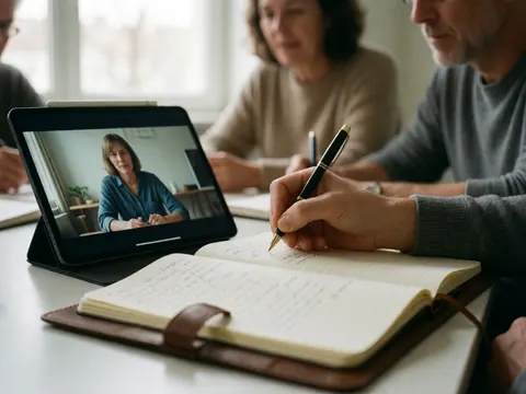 Vue rapprochée d'une personne prenant des notes à la main dans un cahen, avec une tablette affichant une vidéoconférence et d'autres participants flous en arrière-plan.
