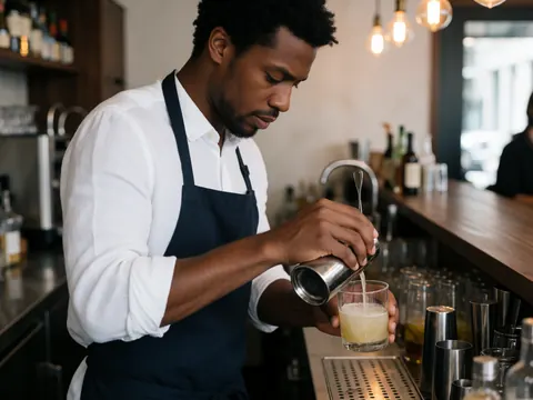 Un bartender sert un cocktail dans un bar avec un comptoir en bois et des outils de bar.