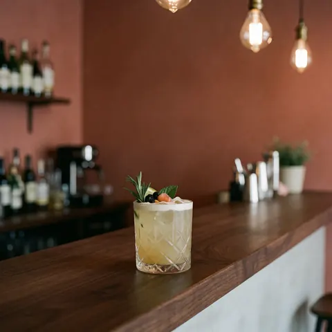 Cocktail aux fruits et herbes dans un verre transparent posé sur une table en bois avec des lumières et des murs terracotta en arrière-plan.