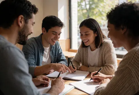 Quatre jeunes étudiants vérifient leurs exercices dans un café, souriants et pointant leurs cahiers, avec une lumière naturelle entrant par la fenêtre.
