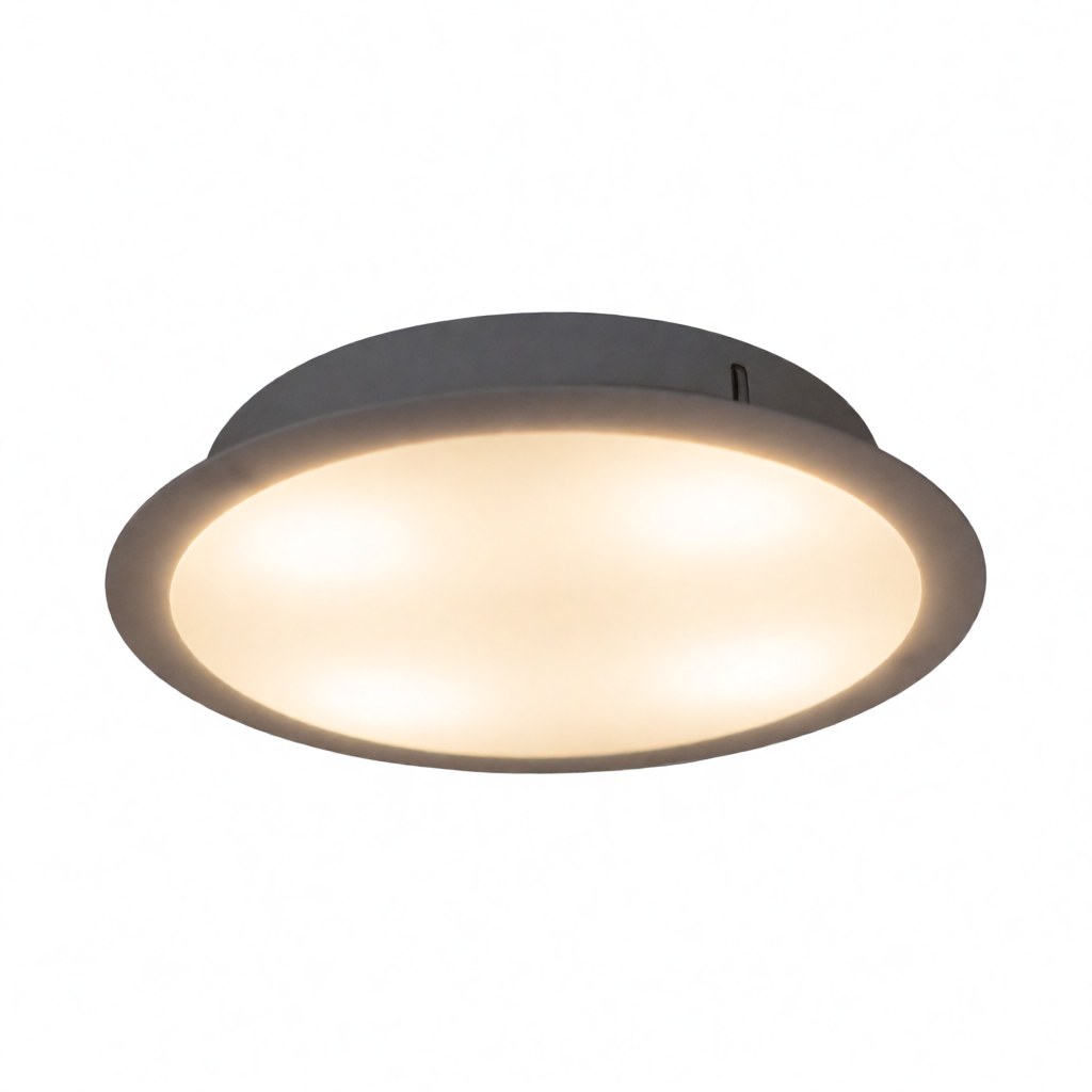 Lampe LED moderne au design circulaire émettant une lumière chaude sur un fond blanc pur, idéale pour un catalogue de produits d'éclairage commercial.