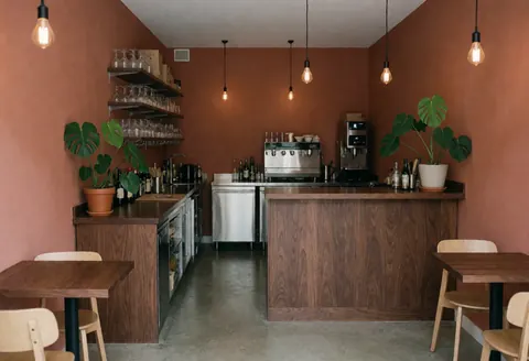 Vue intérieure d'un bar moderne comprenant un long comptoir en bois, des tables, des chaises et des plantes sur des murs peints en terracotta.