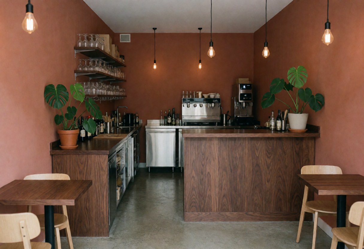 Vue intérieure d'un bar moderne comprenant un long comptoir en bois, des tables, des chaises et des plantes sur des murs peints en terracotta.