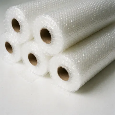 Des rouleaux de plastique à bulles blancs sont empilés sur une surface blanche, prêts à emballer des marchandises.