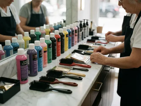 Des brosses et des bouteilles colorées disposées sur un comptoir en marbre dans un salon de coiffure professionnel.
