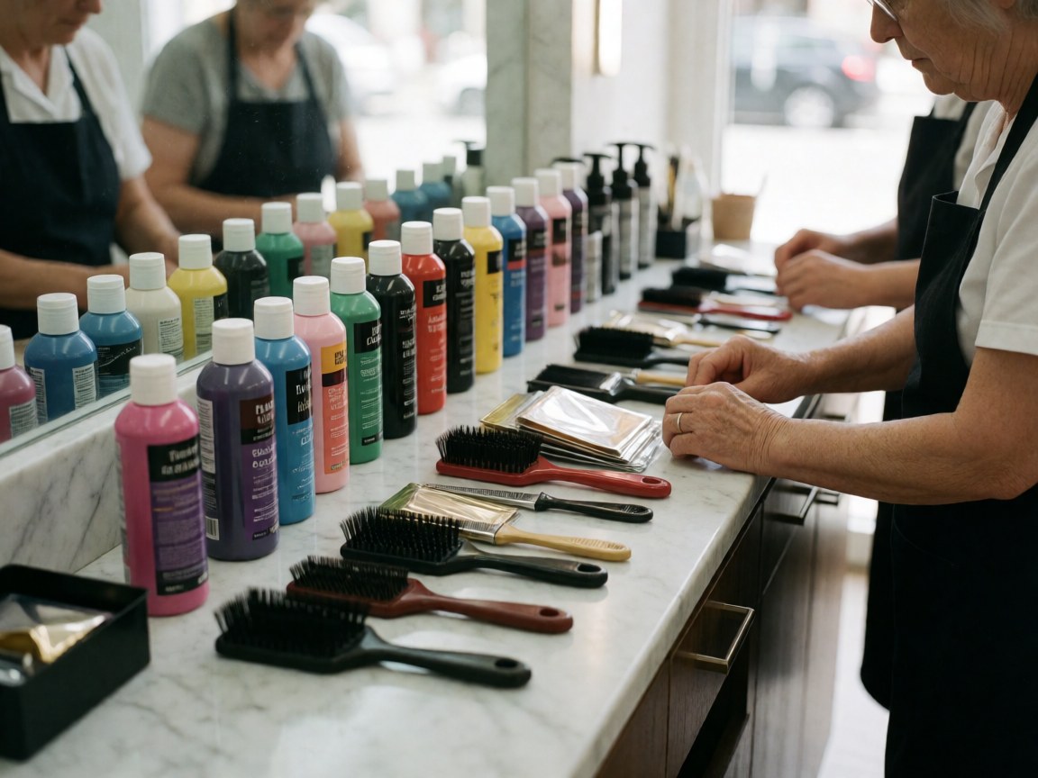 Des brosses et des bouteilles colorées disposées sur un comptoir en marbre dans un salon de coiffure professionnel.