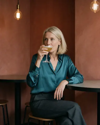 Une femme d'âge mûr profite d'un cocktail dans un bar aux murs de terre cuite et aux ampoules Edison, assise à une table avec une allure relaxée et élégante.