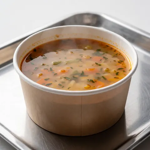 Une soupe chaude garnie de légumes servie dans un récipient en papier posé sur une plaque métallique, vue de dessus.