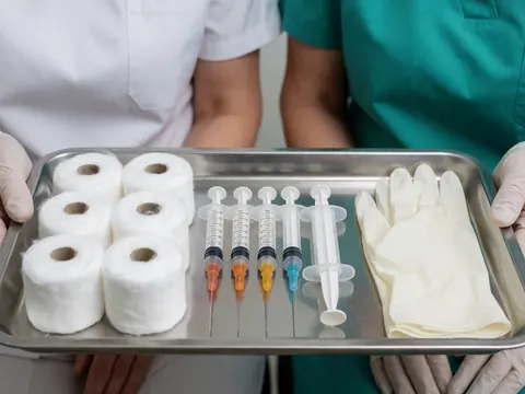 Deux professionnels de santé tiennent un plateau métallique contenant des seringues, des gants et du coton pour des interventions cliniques.