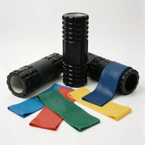 Rouleaux texturés et bandes élastiques colorées disposées sur un fond blanc uni, présentant du matériel de fitness et de rééducation.