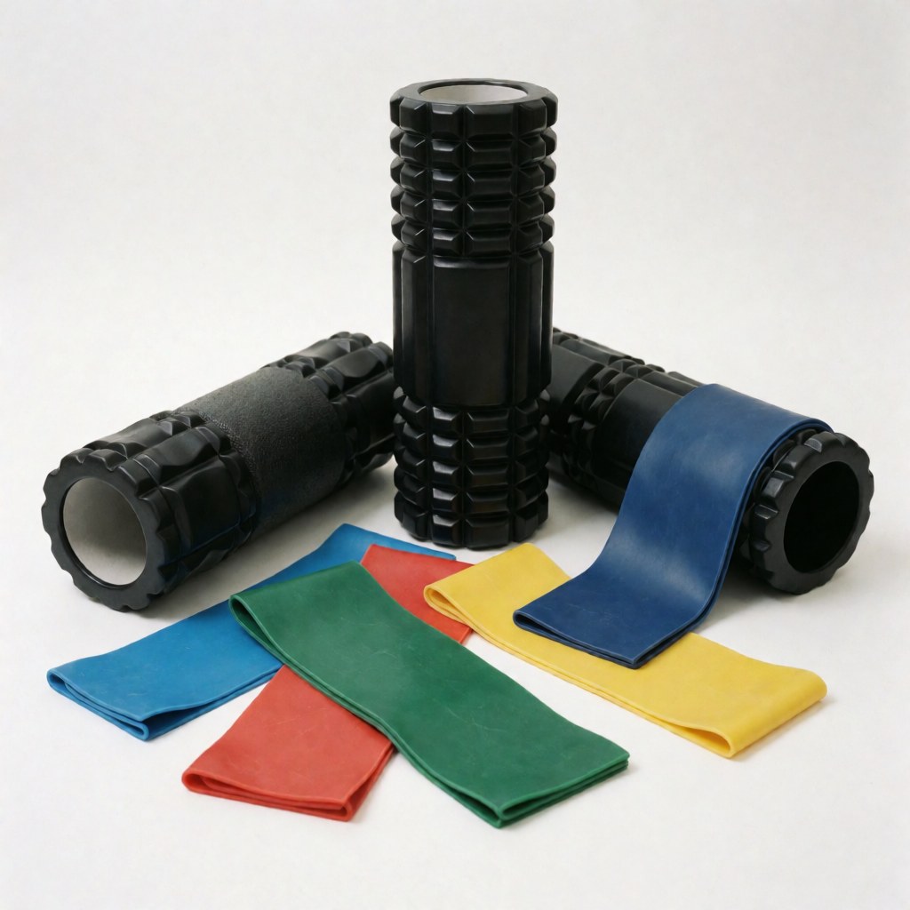 Rouleaux texturés et bandes élastiques colorées disposées sur un fond blanc uni, présentant du matériel de fitness et de rééducation.