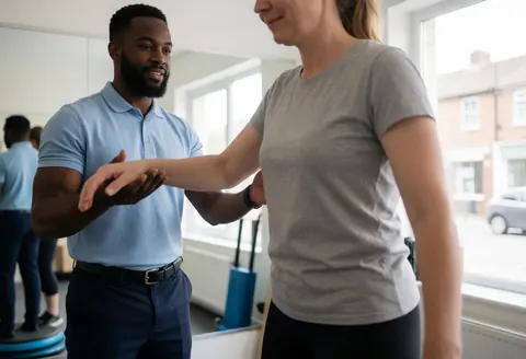 Un professionnel de la sante guide une femme realisant un exercice d'equilibre dans un cabinet de physiotherapie.