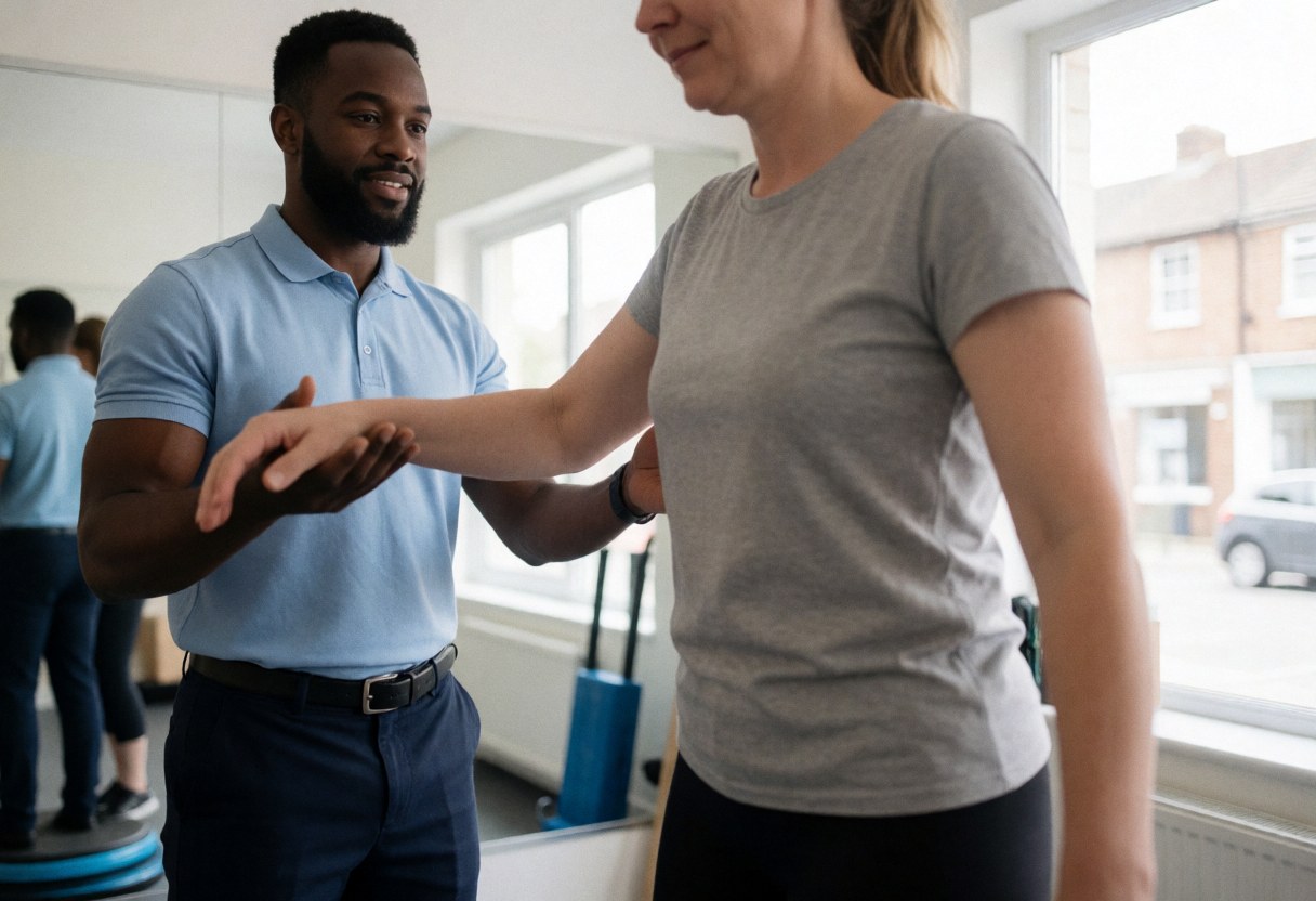Un professionnel de la sante guide une femme realisant un exercice d'equilibre dans un cabinet de physiotherapie.