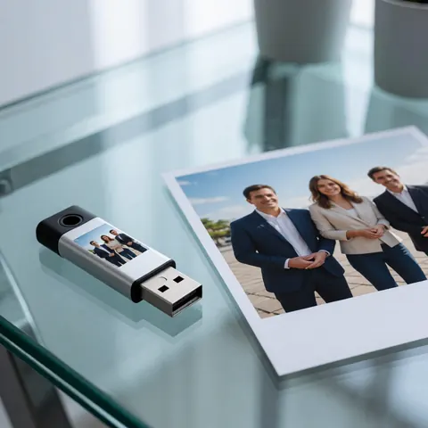 Une clé usb avec des photos numériques et une photo imprimée posées sur une table en verre.
