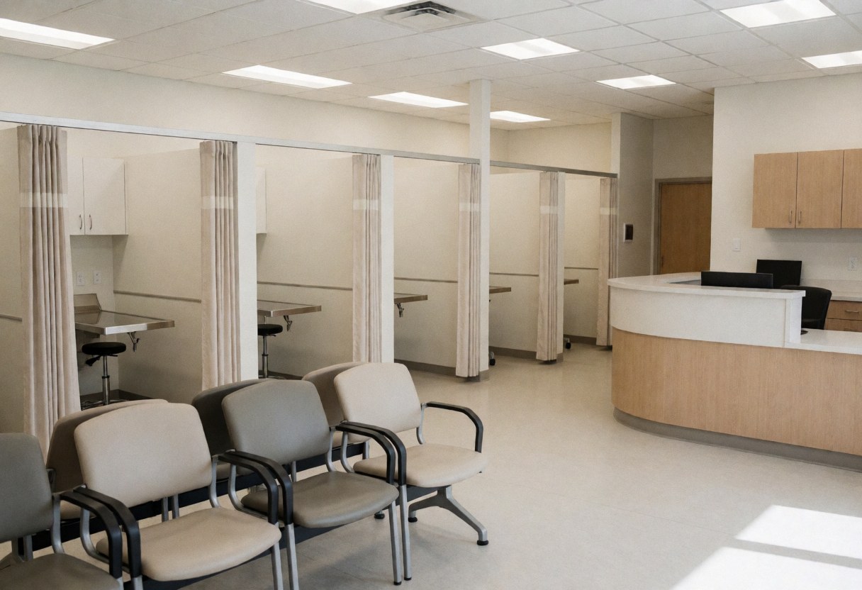 Vue intérieure propre d'une clinique vétérinaire avec salles d'examen, fauteuils d'attente et comptoir de réception prêts à accueillir patients et propriétaires.