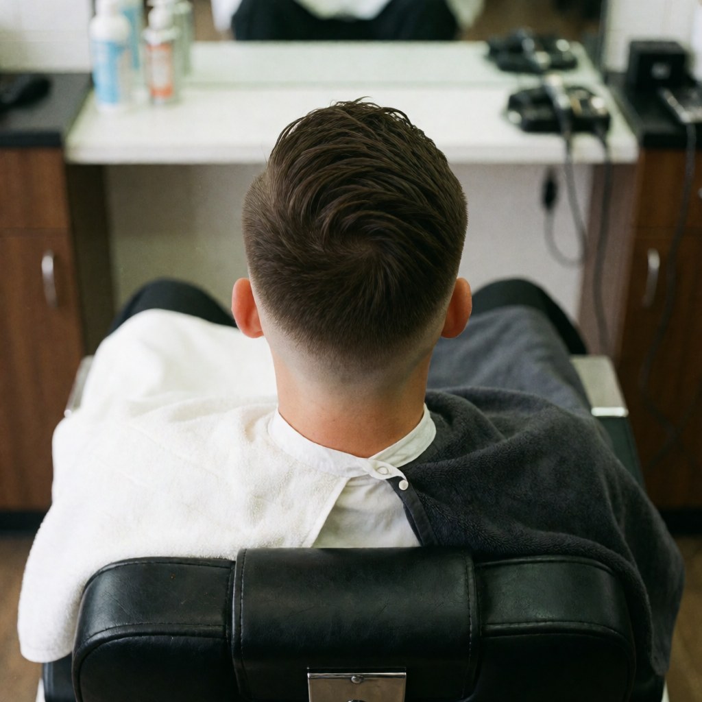 Vue d'une coupe de cheveux avec dégradé réalisée sur une chaise de barbier, accompagnée de serviettes et de produits de soin visibles, sous un éclairage clair et net.