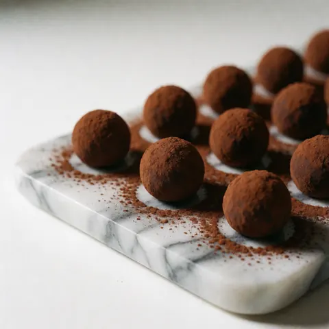 Des truffes au chocolat enrobées de cacao posées sur une surface en marbre blanc veiné de gris, sous un éclairage doux et élégant.