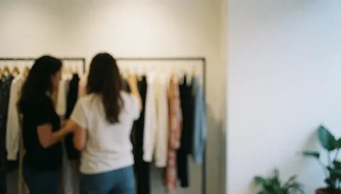 Arrière-plan flou d'un magasin de vêtements montrant des cintres et deux personnes de dos, laissant un espace libre à droite pour ajouter du texte.