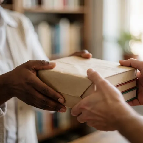 Des mains qui transmettent un paquet de livres dans une librairie, avec des étagères en arrière-plan et une lumière chaleureuse.