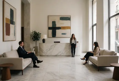 Réception moderne d'une entreprise financière avec trois personnes, murs blancs, sol en marbre et art abstrait encadré.