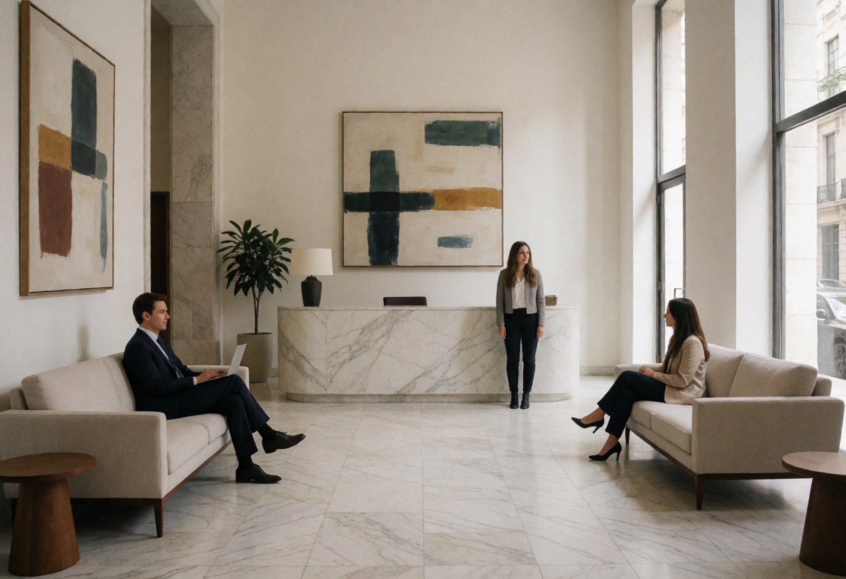 Réception moderne d'une entreprise financière avec trois personnes, murs blancs, sol en marbre et art abstrait encadré.