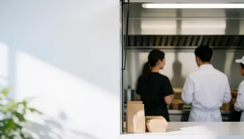Vue intérieure d'un food truck montrant des cuisiniers au travail, offrant un espace pour du texte avec une illumination naturelle et des surfaces propres.