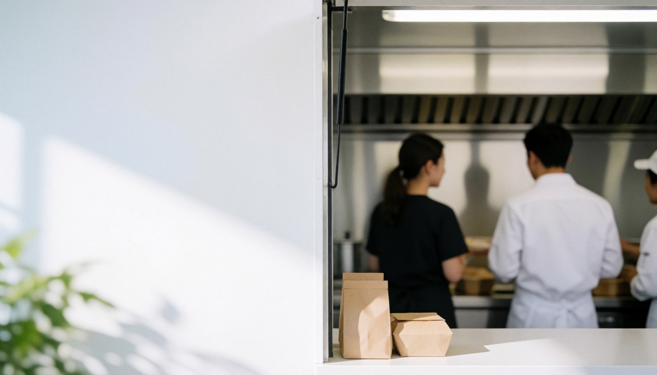 Vue intérieure d'un food truck montrant des cuisiniers au travail, offrant un espace pour du texte avec une illumination naturelle et des surfaces propres.