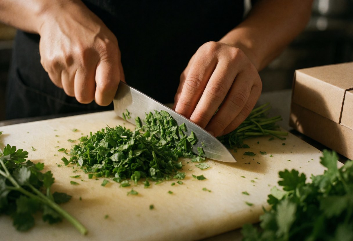 Un cuisinier en uniforme noir coupe des herbes vertes fraîches avec un couteau sur une planche à découper blanche dans une cuisine professionnelle.