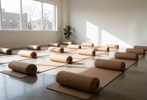 Salle de yoga vide avec couvertures et coussins disposés en rangées, lumière naturelle par les fenêtres, ambiance sereine et minimaliste.