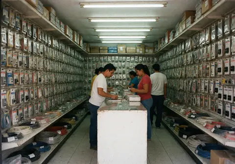 Vue intérieure d'un magasin d'électricien montrant des étagères remplies de câbles, d'interrupteurs et d'outils, ainsi que des clients consultant des articles au comptoir.
