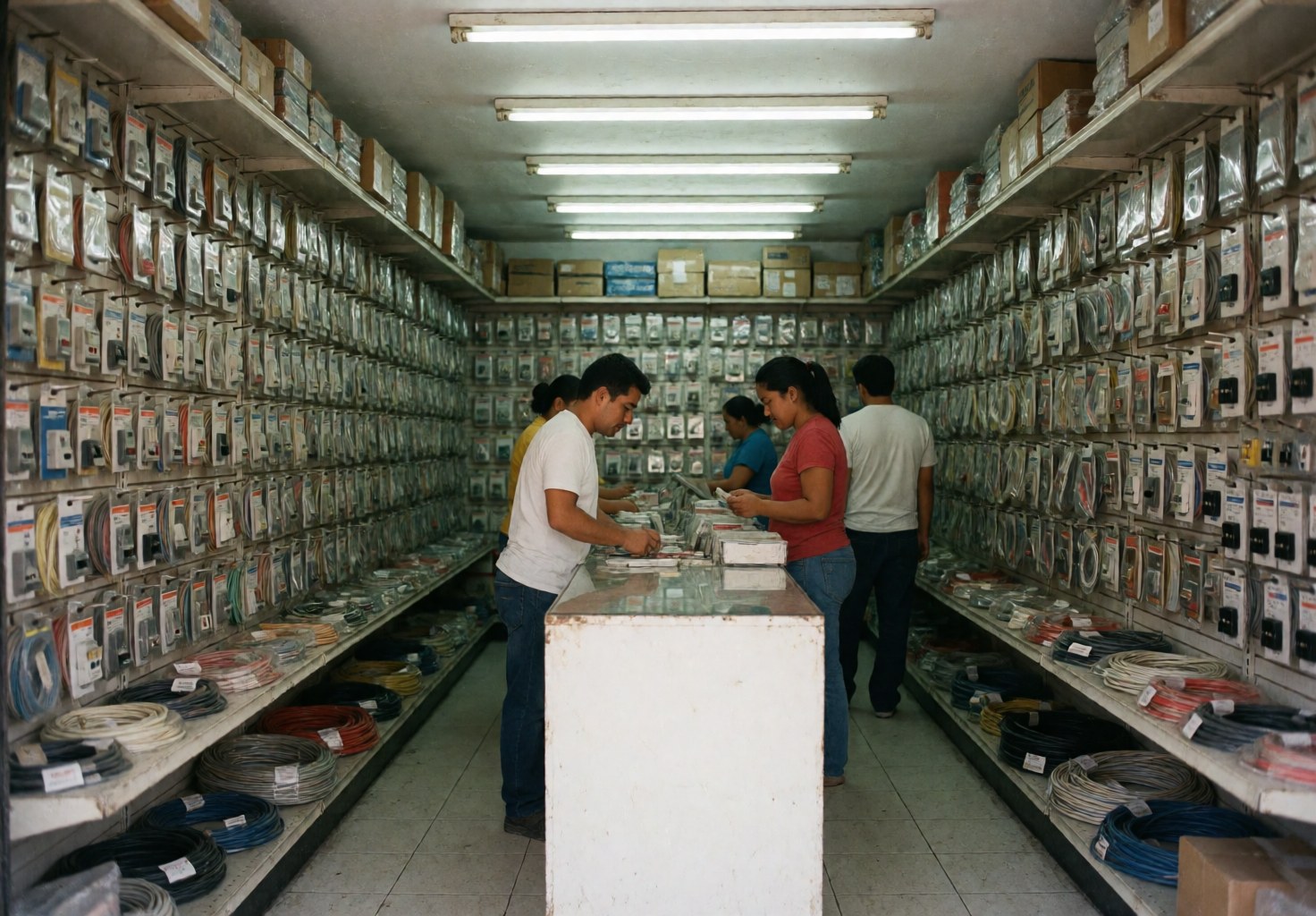 Vue intérieure d'un magasin d'électricien montrant des étagères remplies de câbles, d'interrupteurs et d'outils, ainsi que des clients consultant des articles au comptoir.