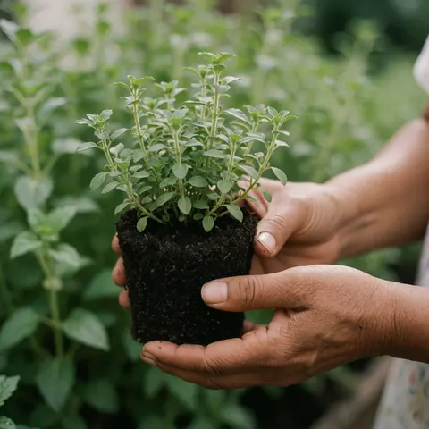 Des mains d'adulte tiennent un jeune plant avec de la terre dans son pot, devant un jardin verdoyant.