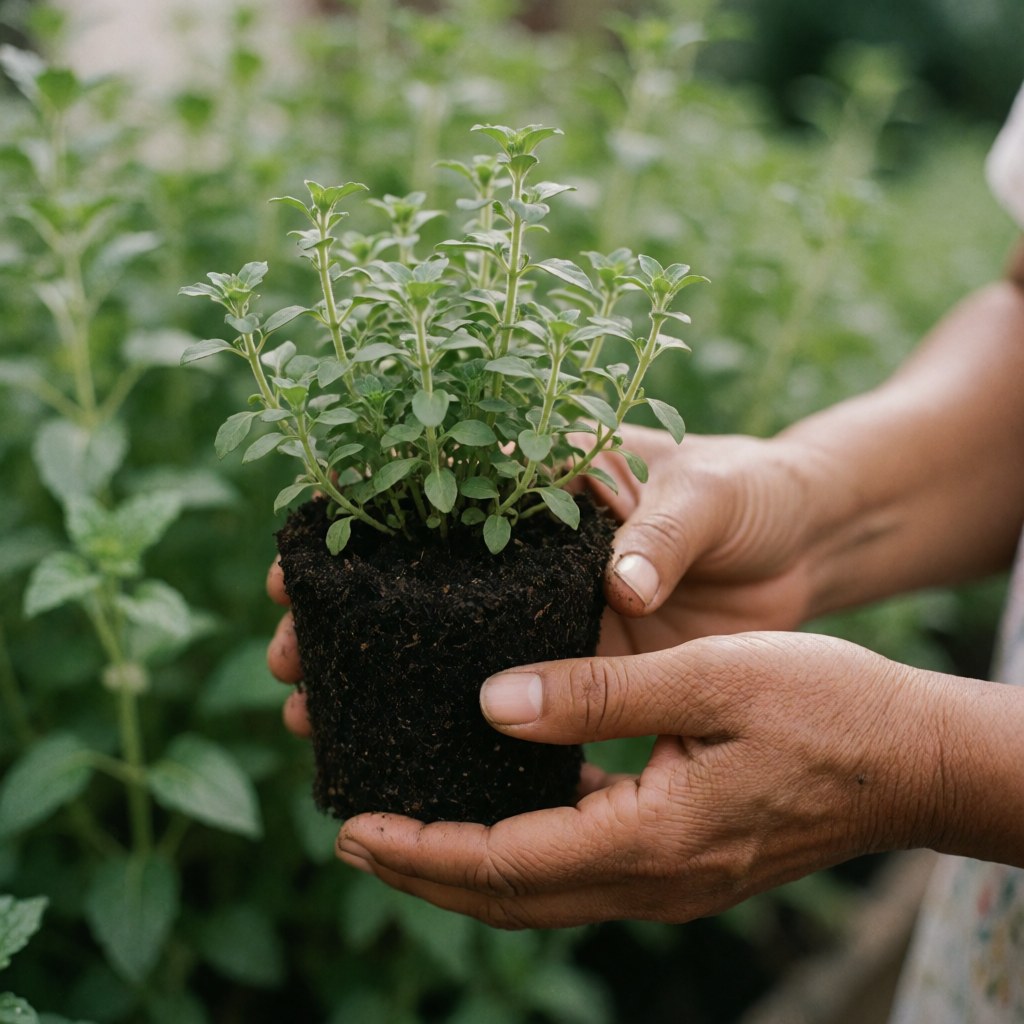 Des mains d'adulte tiennent un jeune plant avec de la terre dans son pot, devant un jardin verdoyant.