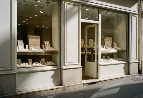 Devanture de magasin de joaillerie présentant une vitrine éclairée exposant des colliers et des bagues dans des présentoirs blancs.