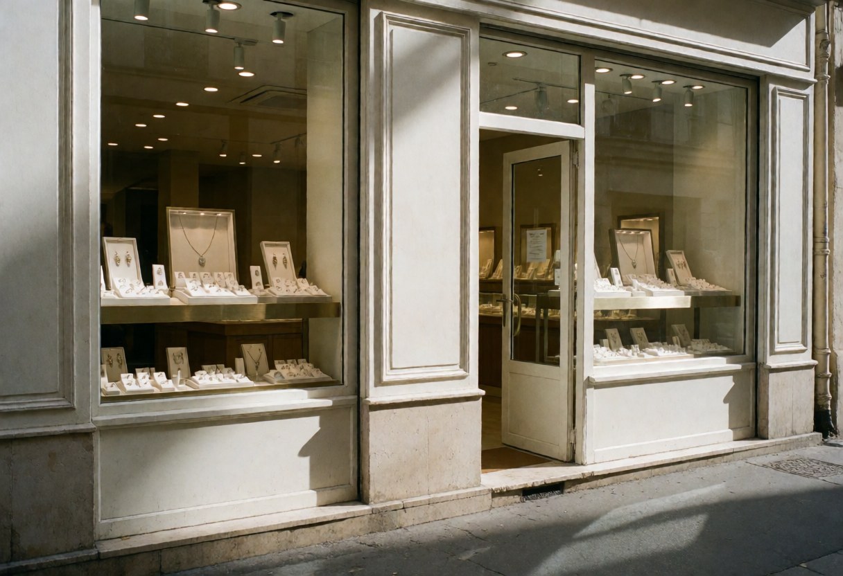 Devanture de magasin de joaillerie présentant une vitrine éclairée exposant des colliers et des bagues dans des présentoirs blancs.