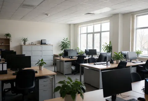 Espace de travail moderne et vide équipé de bureaux, ordinateurs et plantes, idéal pour les entreprises technologiques ou de services.