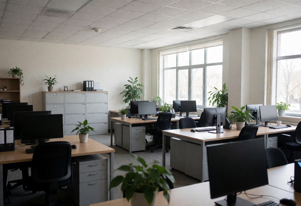 Espace de travail moderne et vide équipé de bureaux, ordinateurs et plantes, idéal pour les entreprises technologiques ou de services.