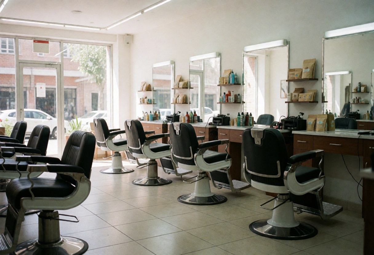 Intérieur d'une salle de barbier moderne équipée de chaises noires, de miroirs et d'étagères contenant des produits de soin.
