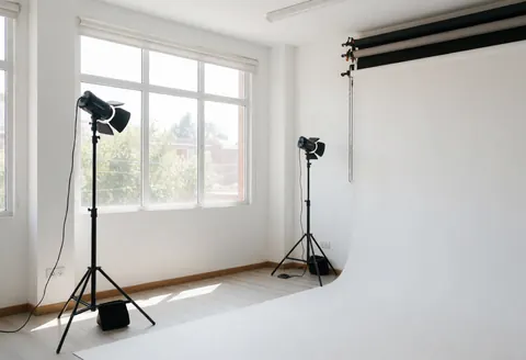 Studio photographique équipé d'un fond blanc et de lumières professionnelles, prêt pour des séances de photos.