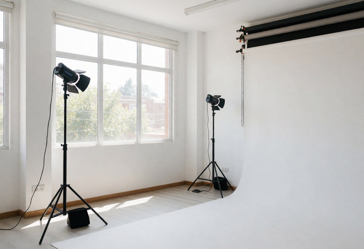 Studio photographique équipé d'un fond blanc et de lumières professionnelles, prêt pour des séances de photos.